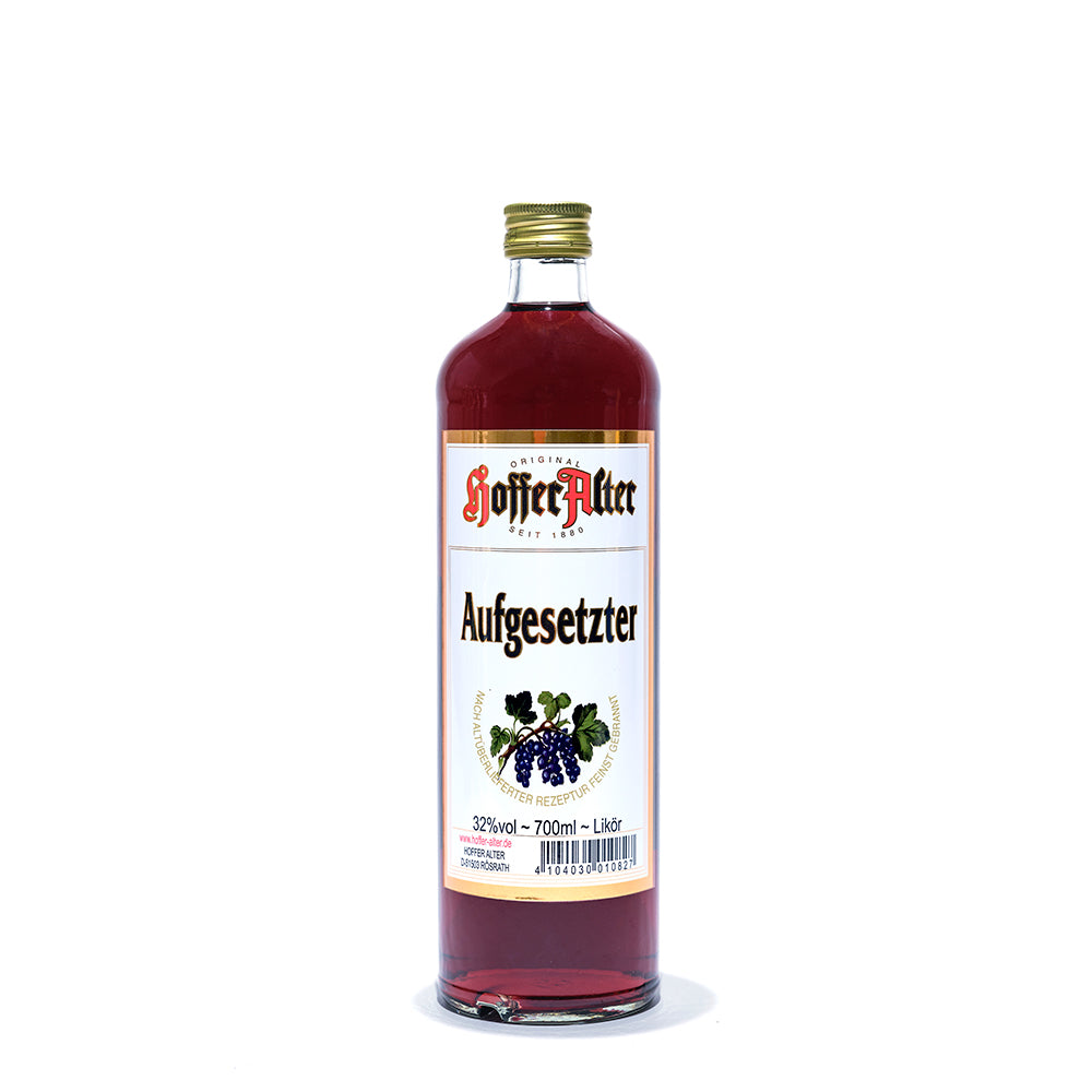 Hoffer Alter - Aufgesetzter 32% - 700 ml - Flasche Aufgesetzter Likör 32% vol. mit goldfarbenem Verschluss und weißem Etikett mit Traubenmotiv.