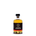 Hoffer Alter - Himbeere -die Bergische- 36% -  500 ml - Kleine rundflasche mit klarem bernsteinfarbenem likör und schwarzem etikett mit rotem streifen und goldener schrift.