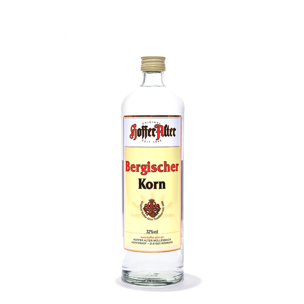 Hoffer Alter - Bergischer Korn 32% - 700 ml - Klare Glasflasche Bergischer Korn 32% mit cremefarbenem Etikett und rotem Schriftzug, 700 ml.