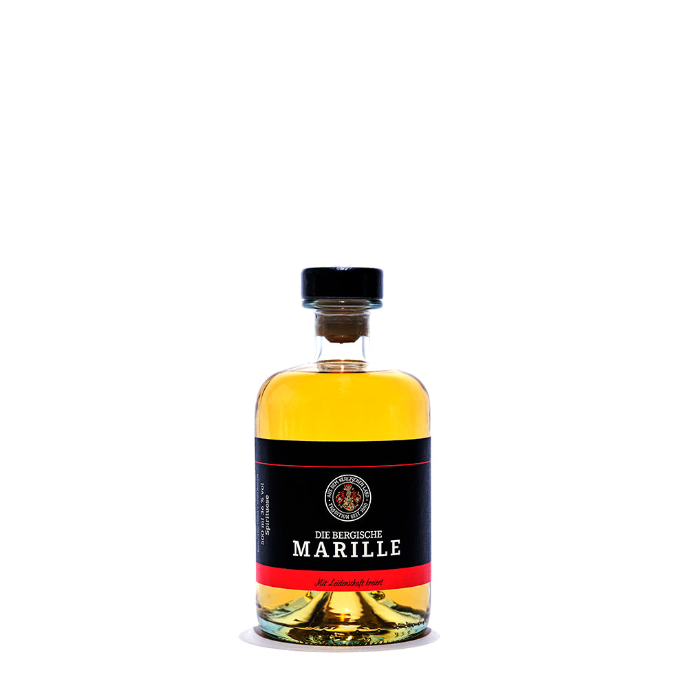 Hoffer Alter - Marille -die Bergische- 36% -  500 ml - Klarer Likör in runder Flasche mit schwarzem Etikett und rotem Akzent, Marille 36% Vol.