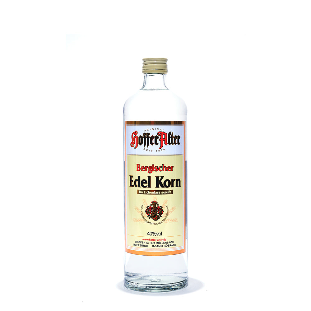 Hoffer Alter - Bergischer Edel Korn 40% - 700 ml - Klare 700-ml-Flasche Bergischer Edel Korn mit cremefarbenem Etikett und rotem Schriftzug.