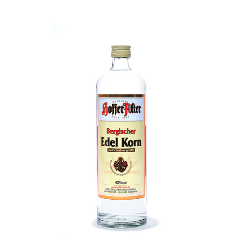 Hoffer Alter - Bergischer Edel Korn 40% - 700 ml - Klare 700-ml-Flasche Bergischer Edel Korn mit cremefarbenem Etikett und rotem Schriftzug.