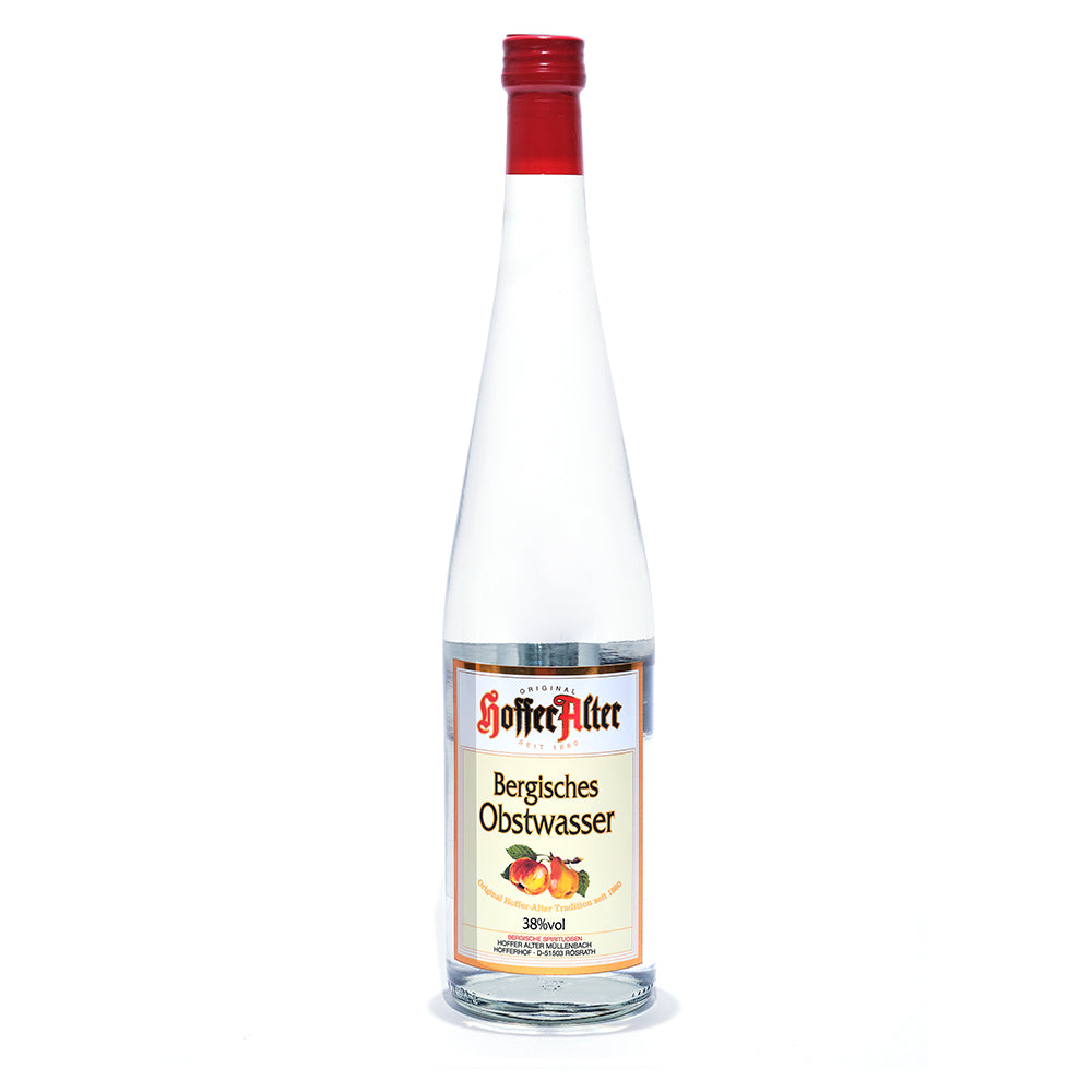 Hoffer Alter - Bergisches Obstwasser 38% - 700 ml - Klare Flasche mit rotem Verschluss und Etikett „Hofmiller Bergisches Obstwasser“ mit Frucht-Illustration.