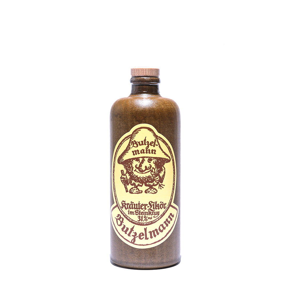 Hoffer Alter - BUTZELMANN 31% - 500 ml - Braune Flasche mit beigeem Etikett und schwarzer Schrift, Butzelmann Likör 31% 500 ml.