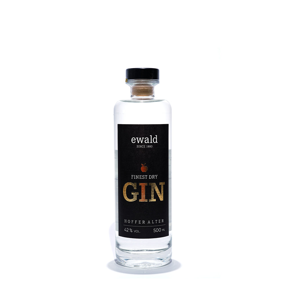 Hoffer Alter - EWALD - Gin 42% - 500 ml - Klares Gin-Flasche mit schwarzem Etikett, goldener Schrift und Holzverschluss, 500 ml.