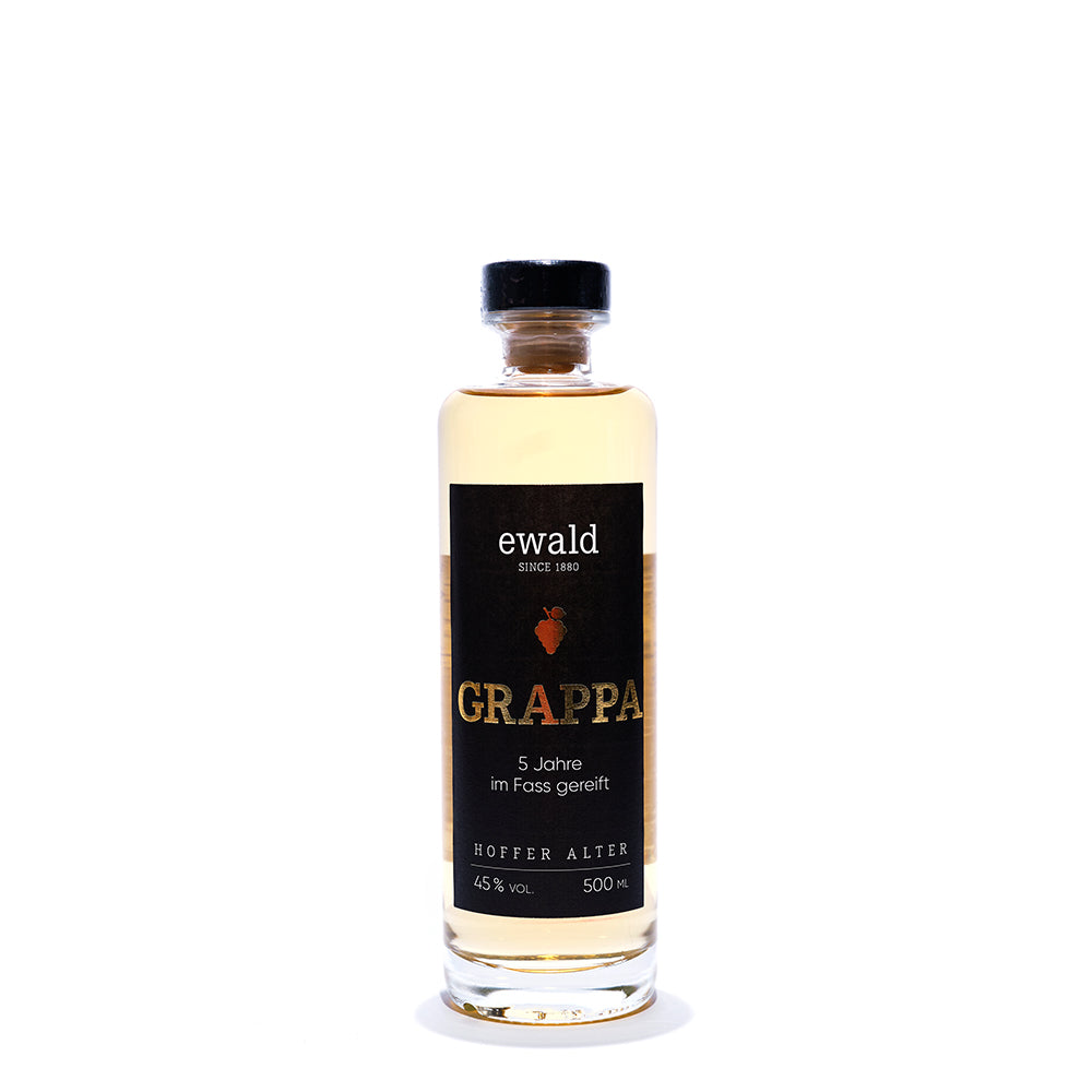Hoffer Alter - EWALD - Grappa 45% - 500 ml - Klare Grappa-Flasche mit schwarzem Etikett und orangefarbenem Schriftzug, 500 ml, 45% Vol.