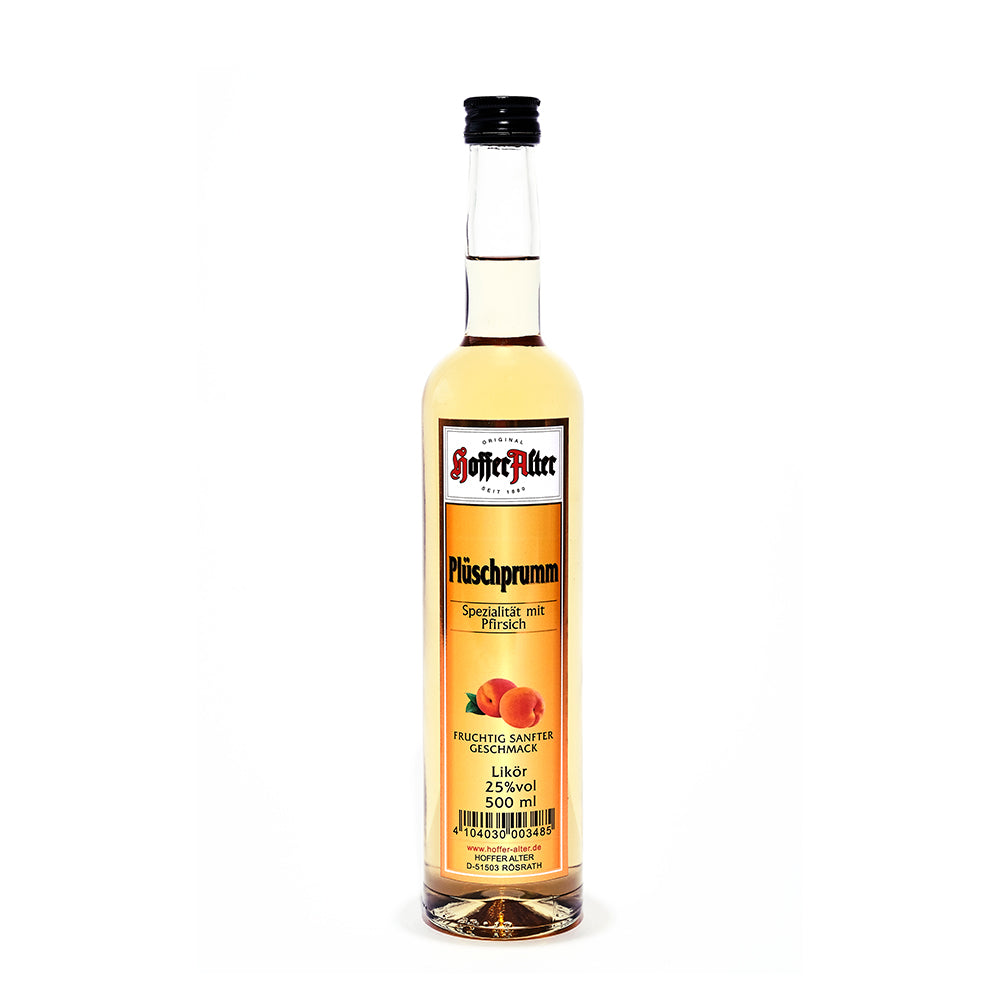 Hoffer Alter - Plüschprumm 25% - 500 ml - Flasche Plüschprumm mit gelbem Etikett und schwarzem Schraubverschluss, 500 ml.