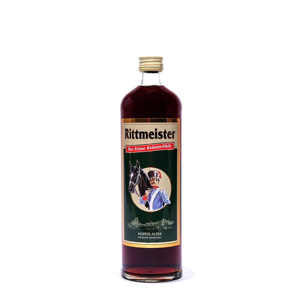 Hoffer Alter - Rittmeister 31% - 700 ml - Rittmeister 700 ml Flasche mit dunklem Likör und grünem Etikett mit Pferdemotiv.