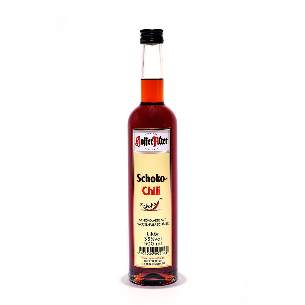 Hoffer Alter - Schoko-Chili 35% - 500 ml - Schlanke Flasche mit rotem Schoko-Chili Likör und gelbem Etikett, 500 ml, schwarzer Schraubverschluss.